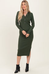Olive Ribbed Knit Maternity Polo Sweater Dress