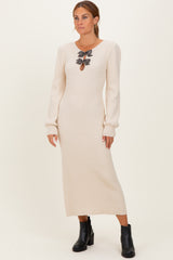 Cream Ribbed Bow Detail Midi Sweater Dress