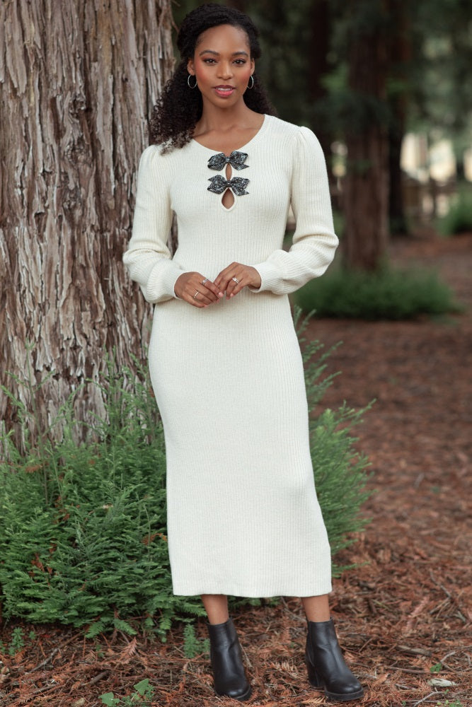 Cream Ribbed Bow Detail Maternity Midi Sweater Dress
