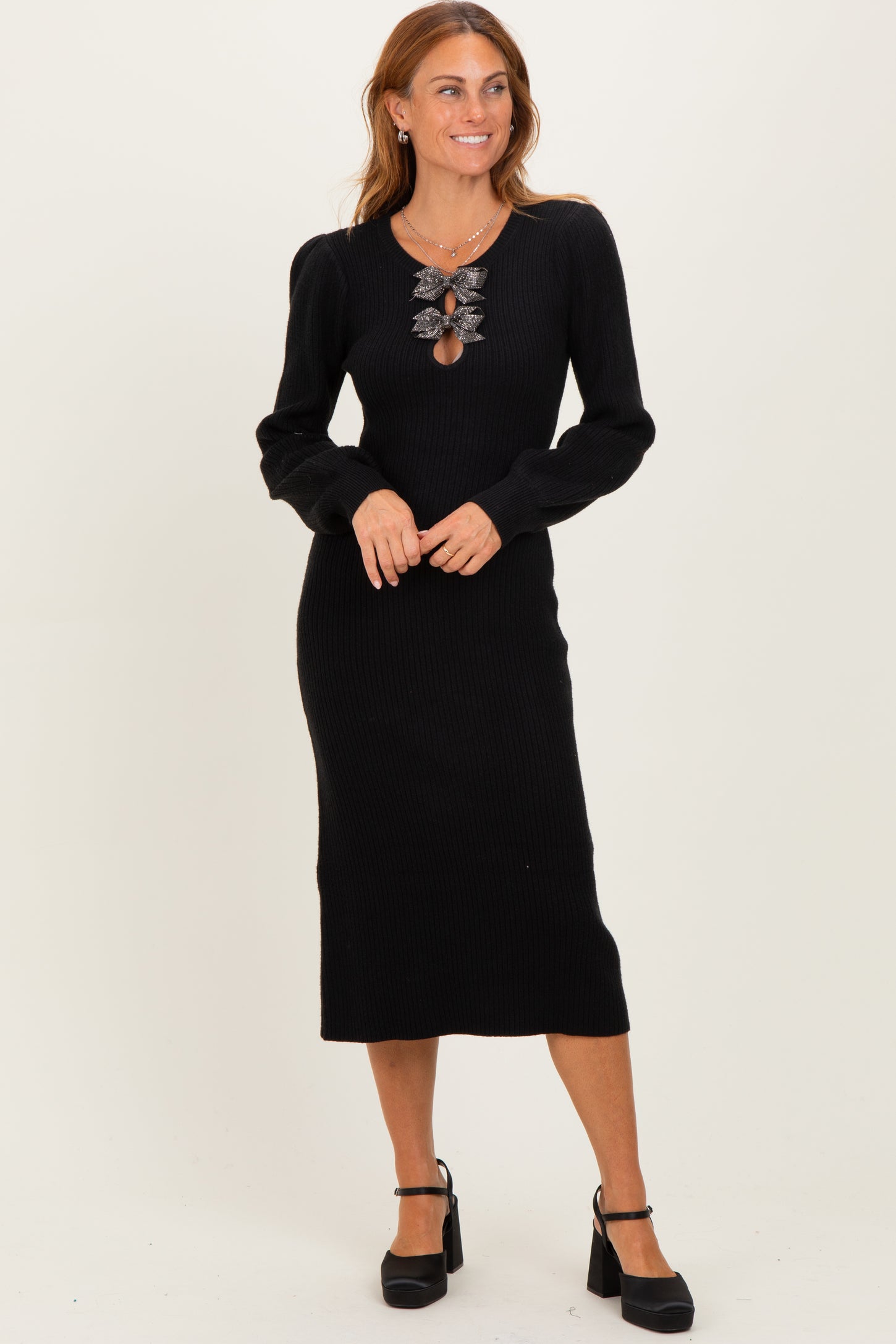 Black Ribbed Bow Detail Maternity Midi Sweater Dress
