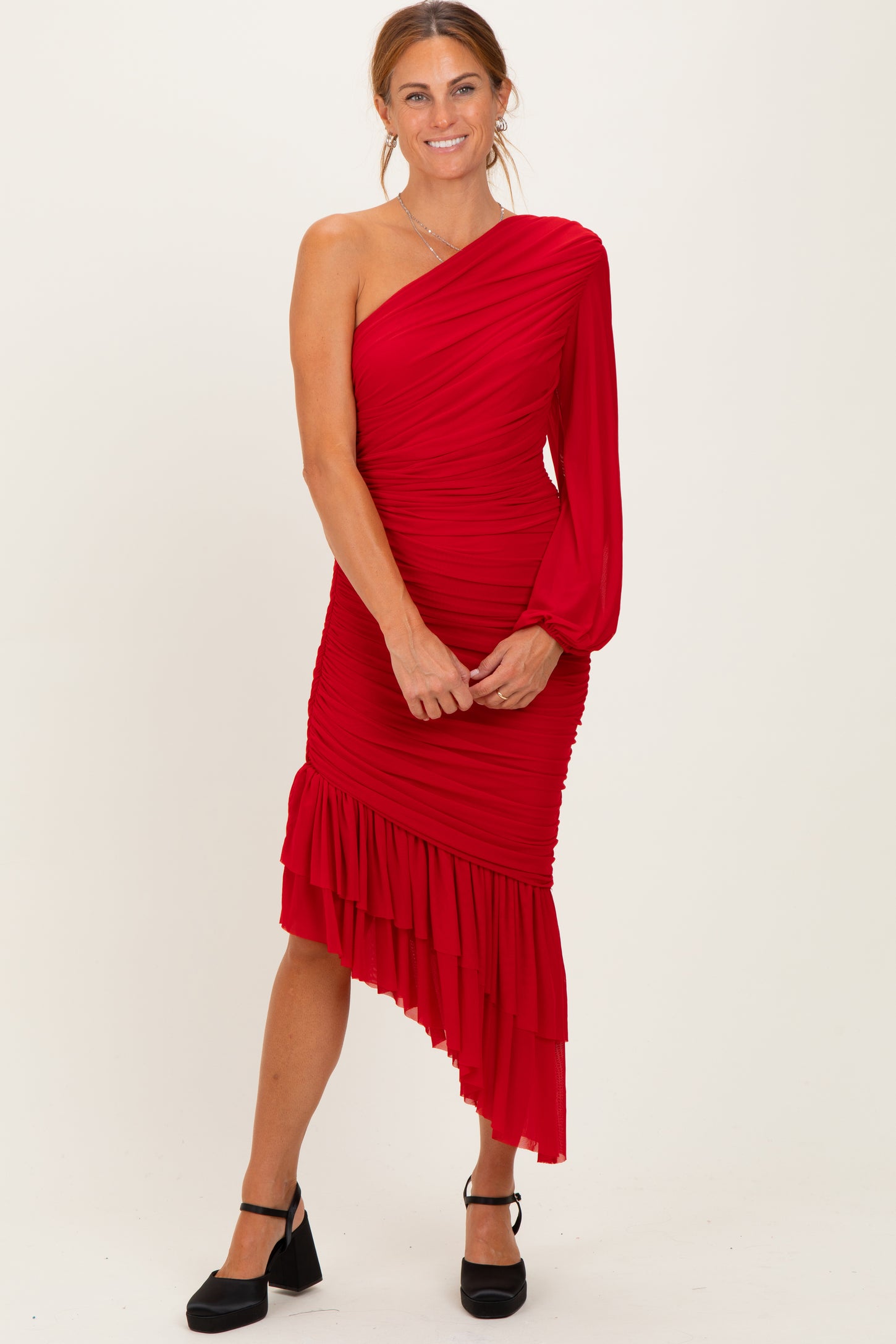 Red Mesh Ruched One Shoulder Asymmetric Maternity Dress