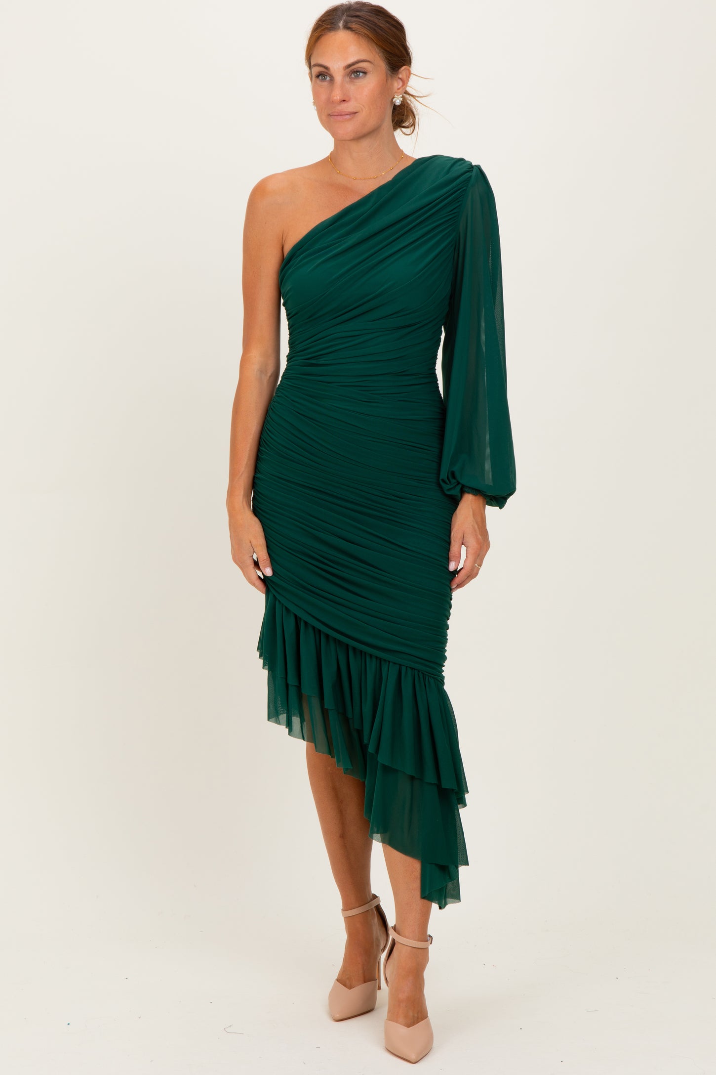 Forest Green Mesh Ruched One Shoulder Asymmetric Maternity Dress