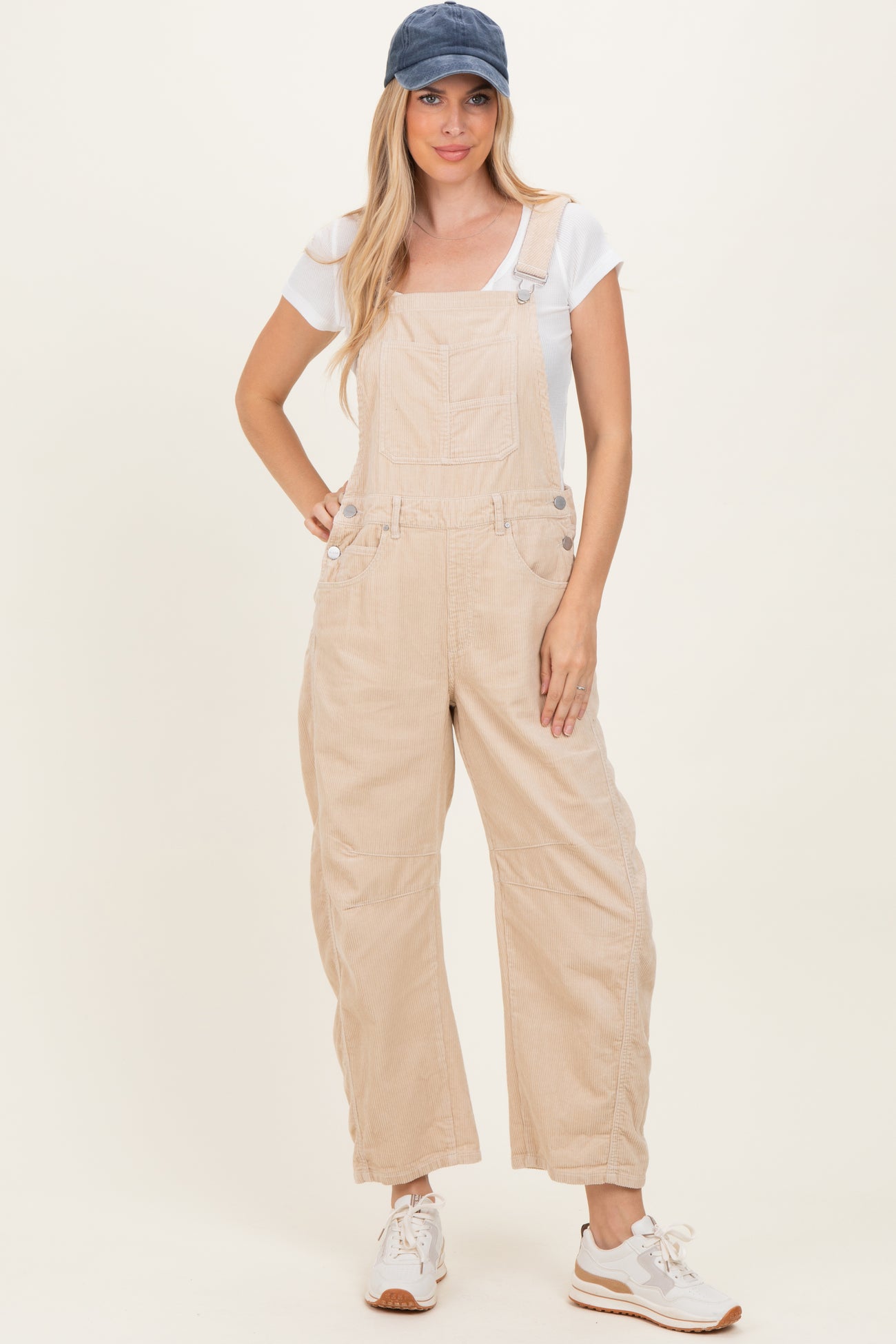 Cream Corduroy Rolled Cuff Barrel Leg Overalls