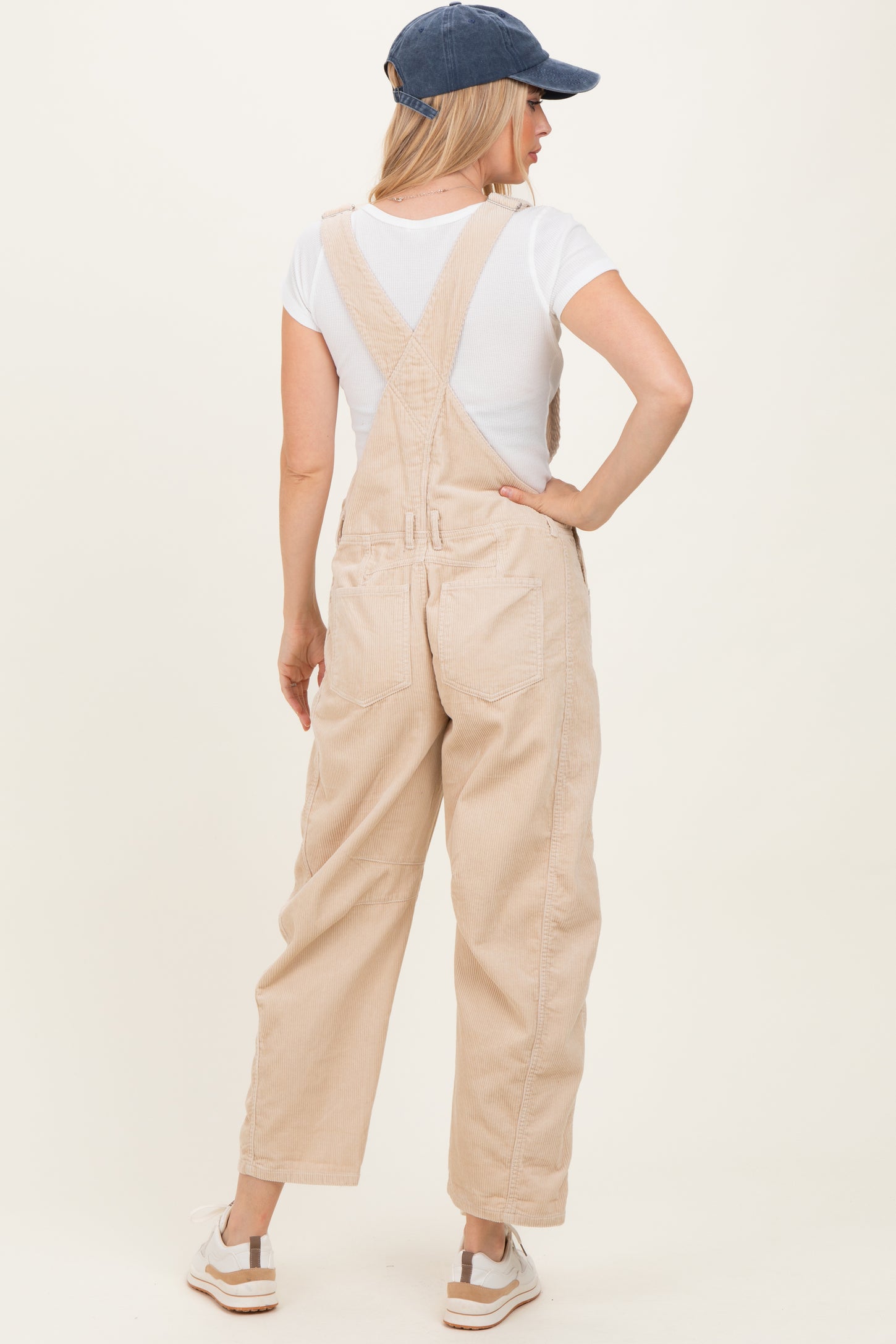 Cream Corduroy Rolled Cuff Barrel Leg Overalls