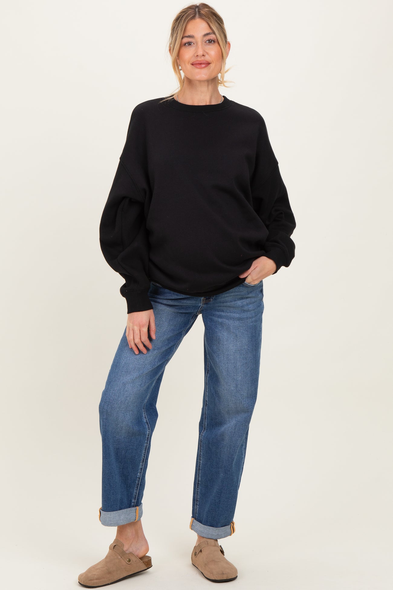 Navy Rolled Hem Maternity Boyfriend Jeans