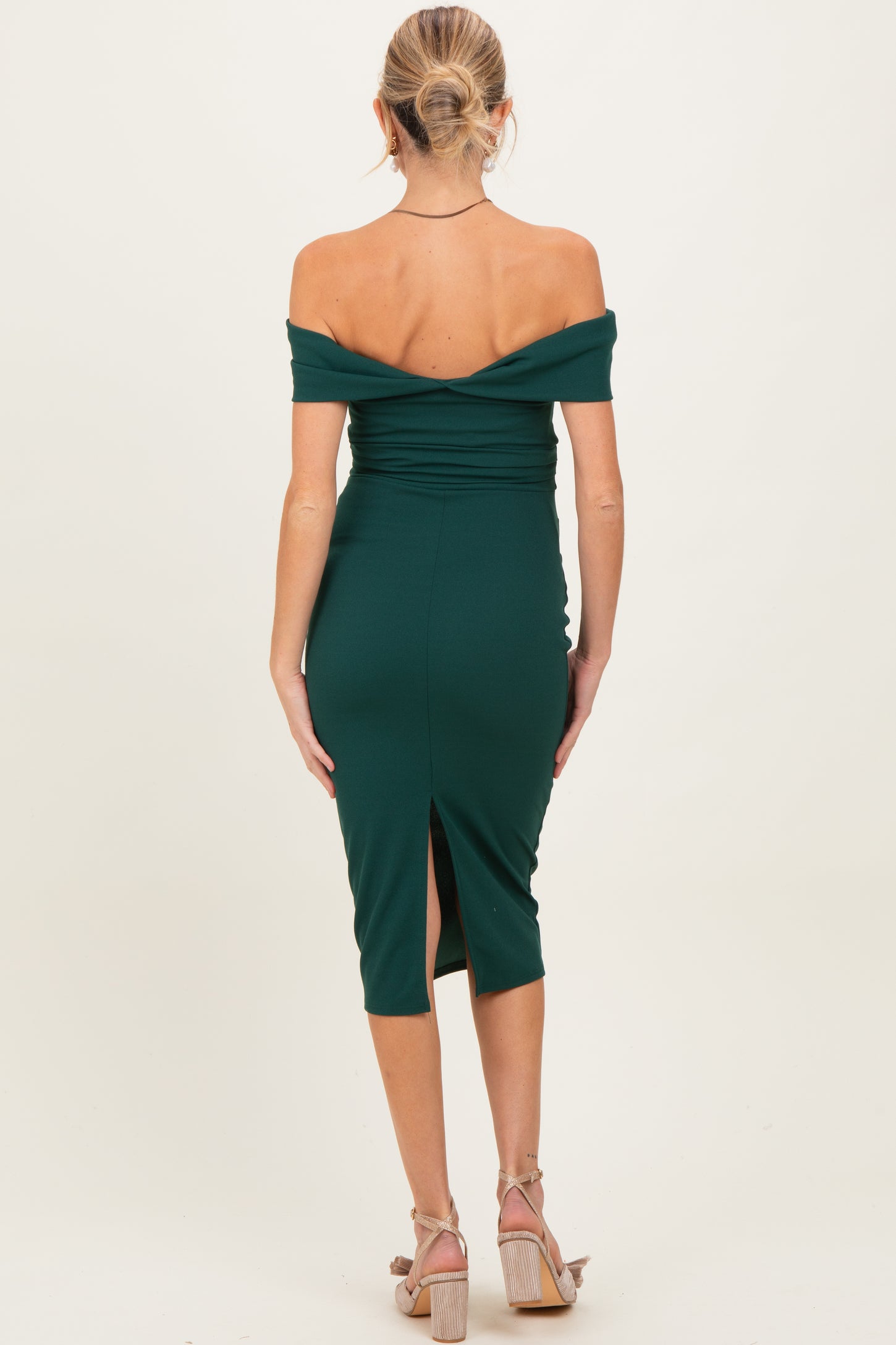 Forest Green Off Shoulder Fitted Maternity Midi Dress