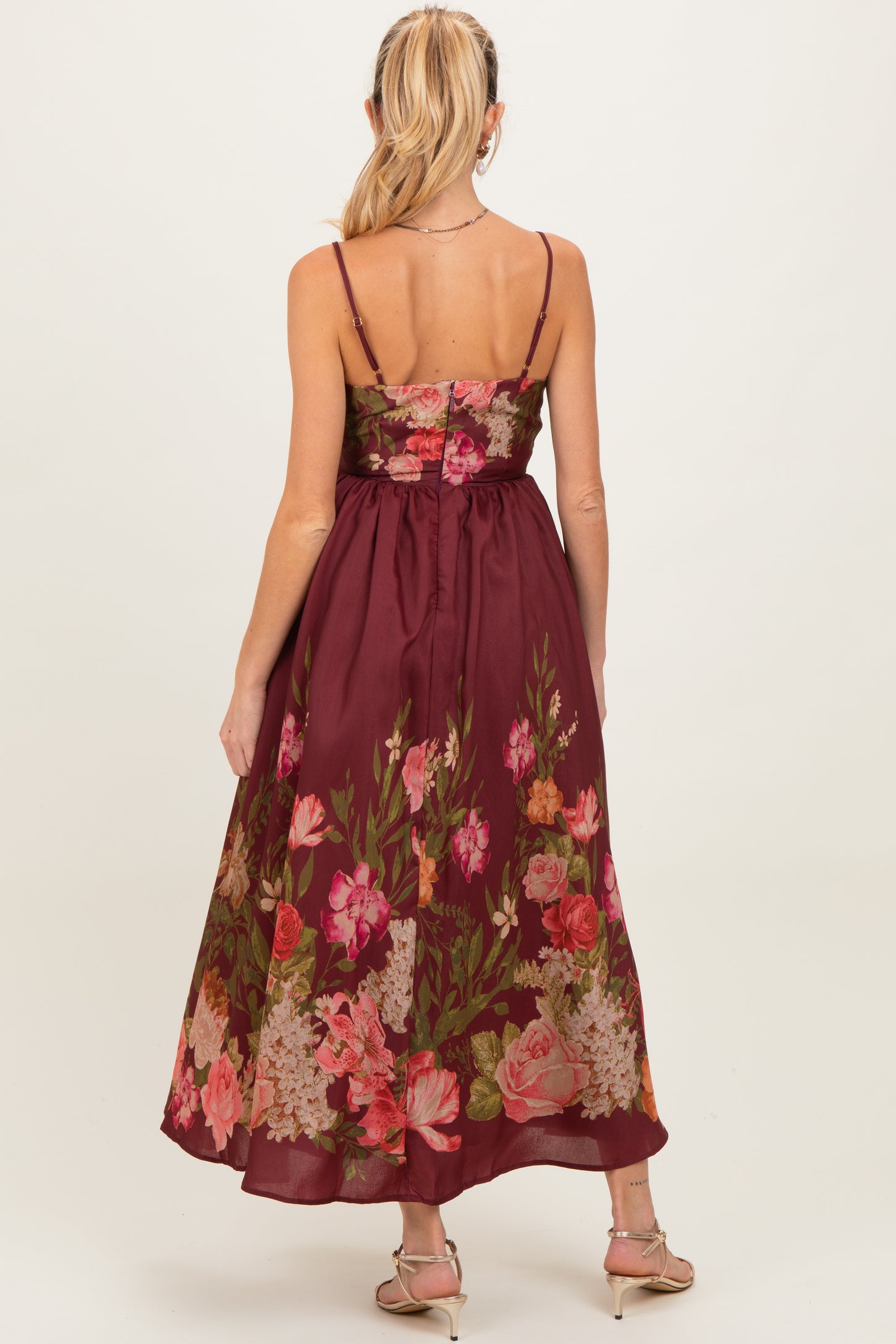 Burgundy Floral Thin Strap Maternity Maxi Dress