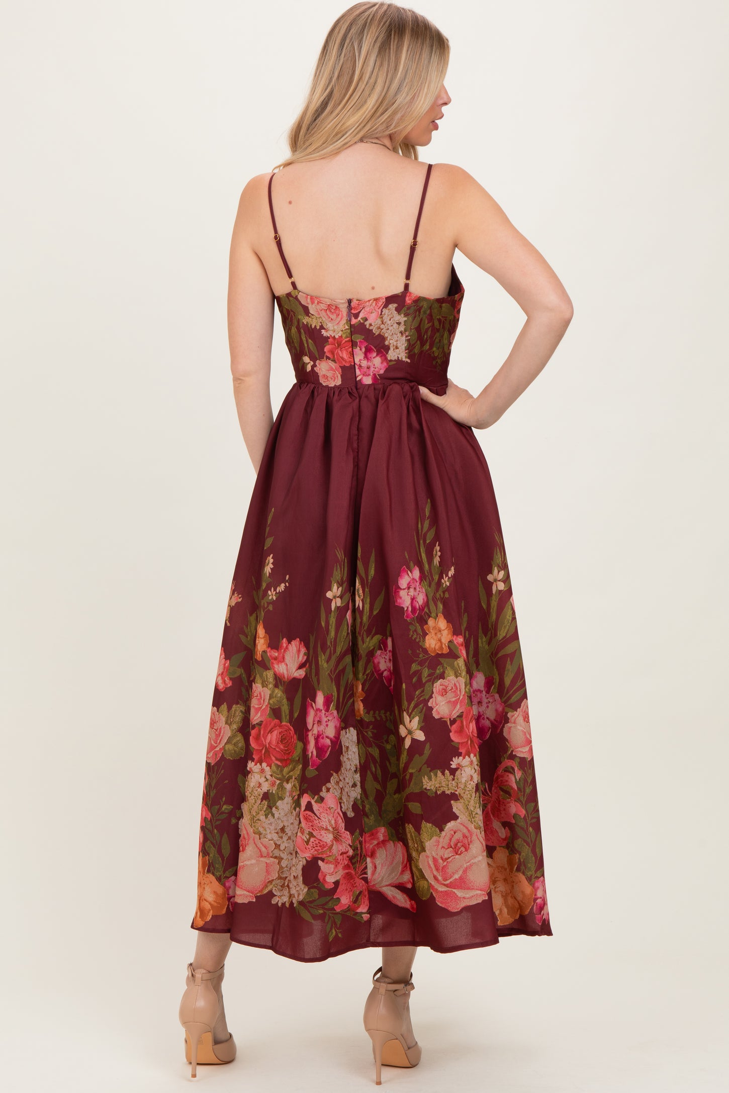 Burgundy Floral Thin Strap Maxi Dress
