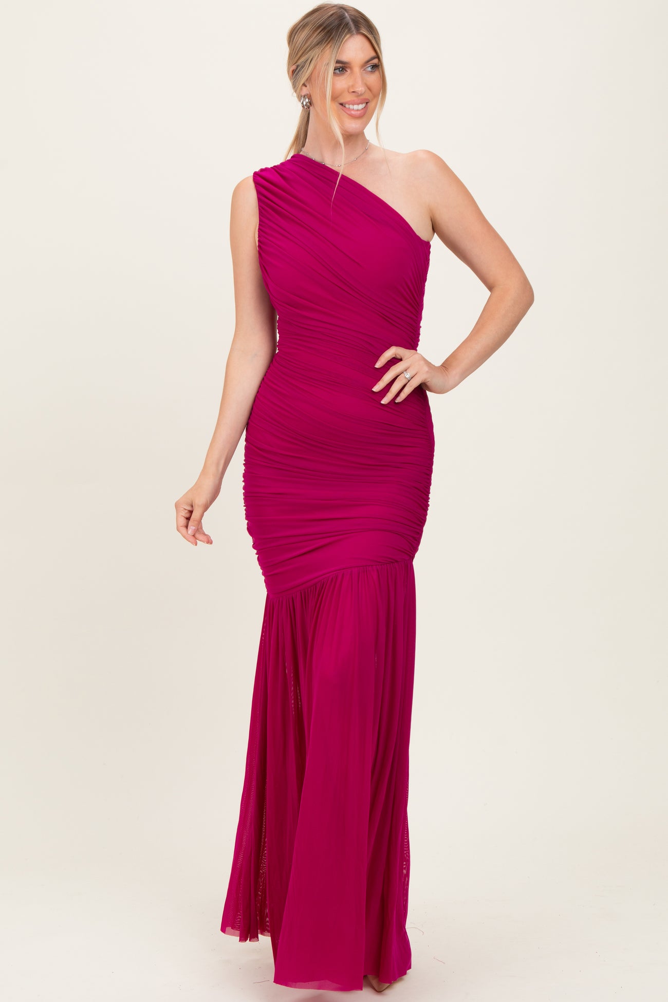 Deep Magenta Ruched Mesh One Shoulder Maxi Dress