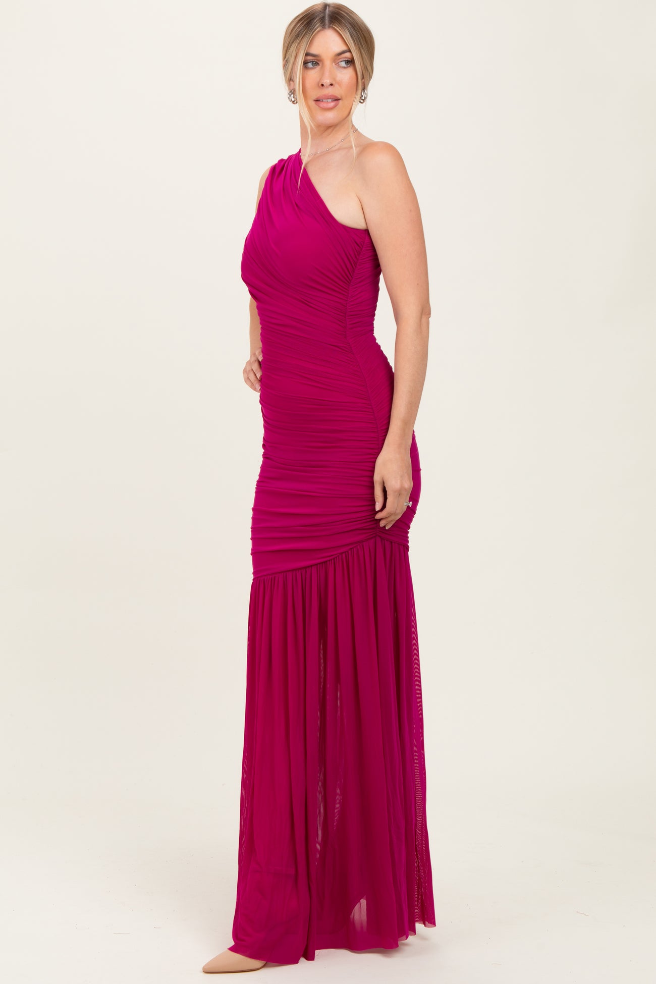 Deep Magenta Ruched Mesh One Shoulder Maxi Dress