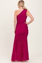 Deep Magenta Ruched Mesh One Shoulder Maxi Dress