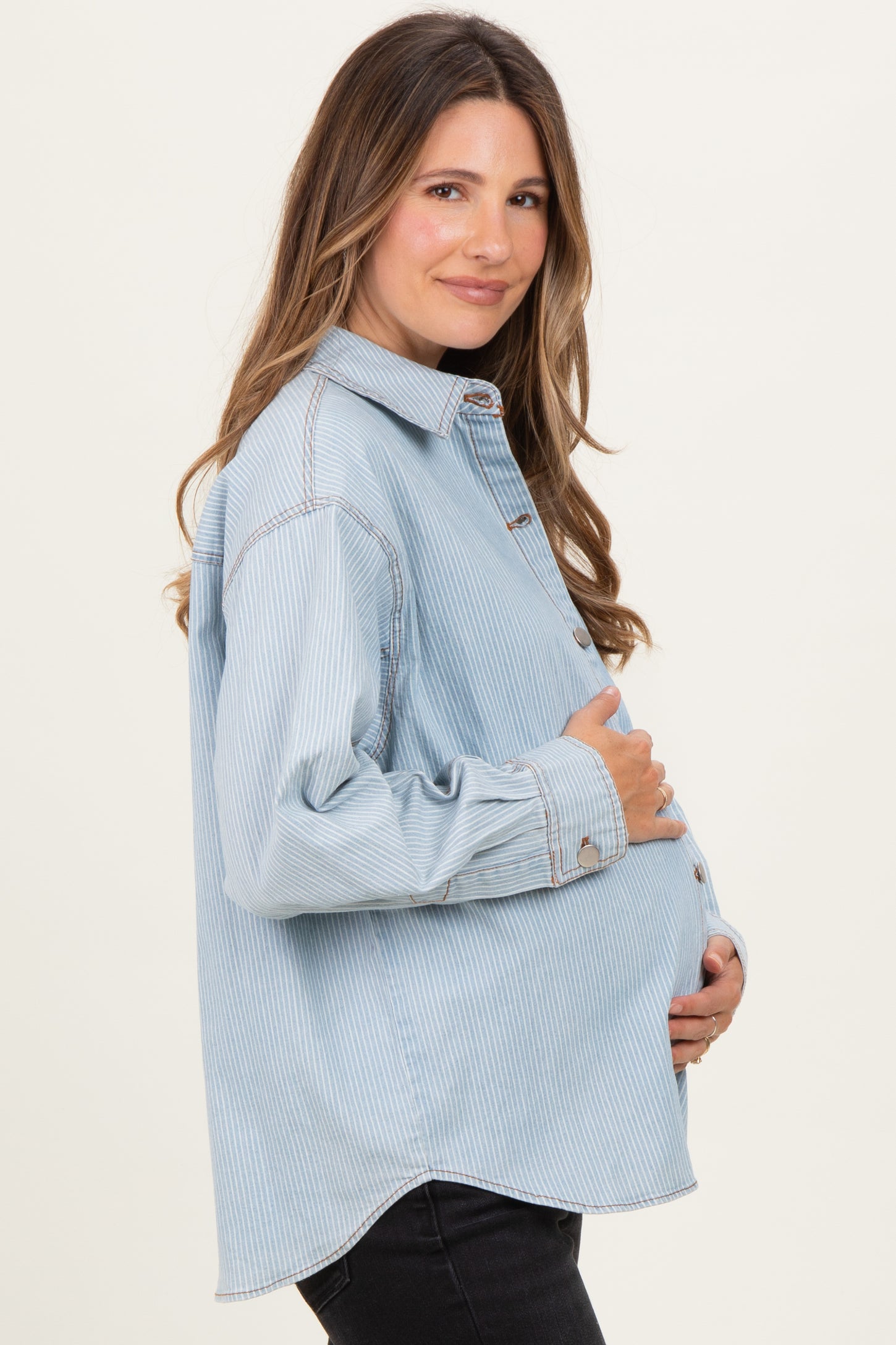 Denim-White Stripe Oversized Maternity Shacket