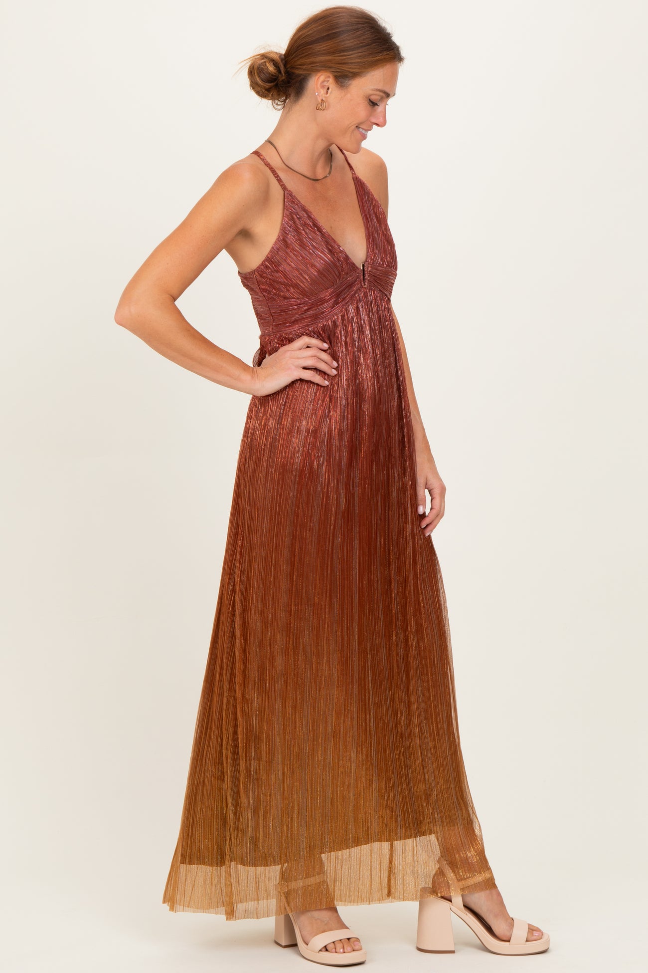 Rust Shimmer Open Tie Back Maxi Dress