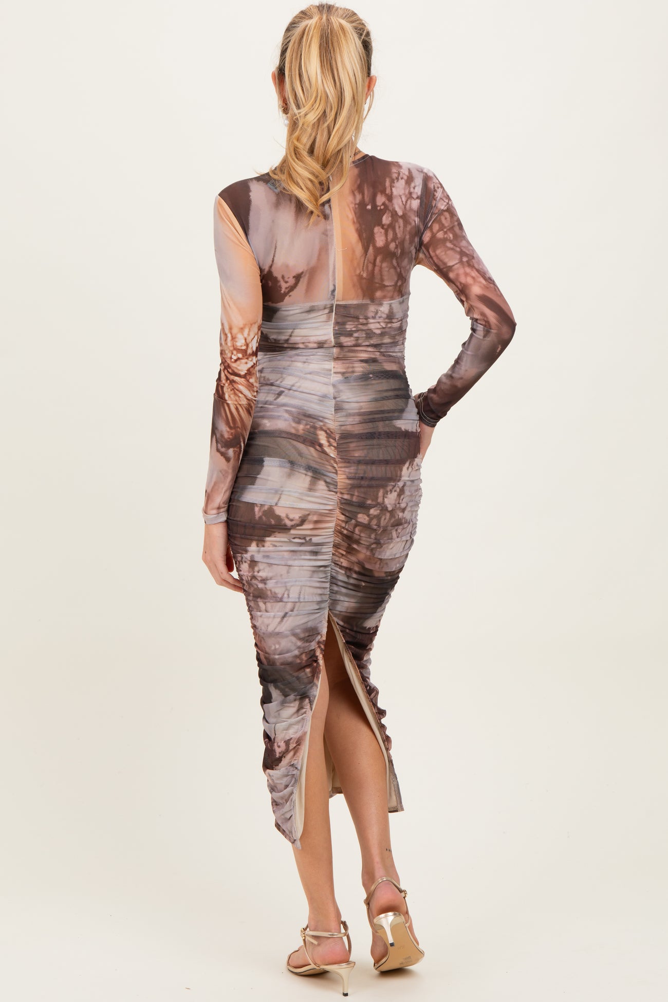 Pink Brown Ruching Midi Maternity Dress