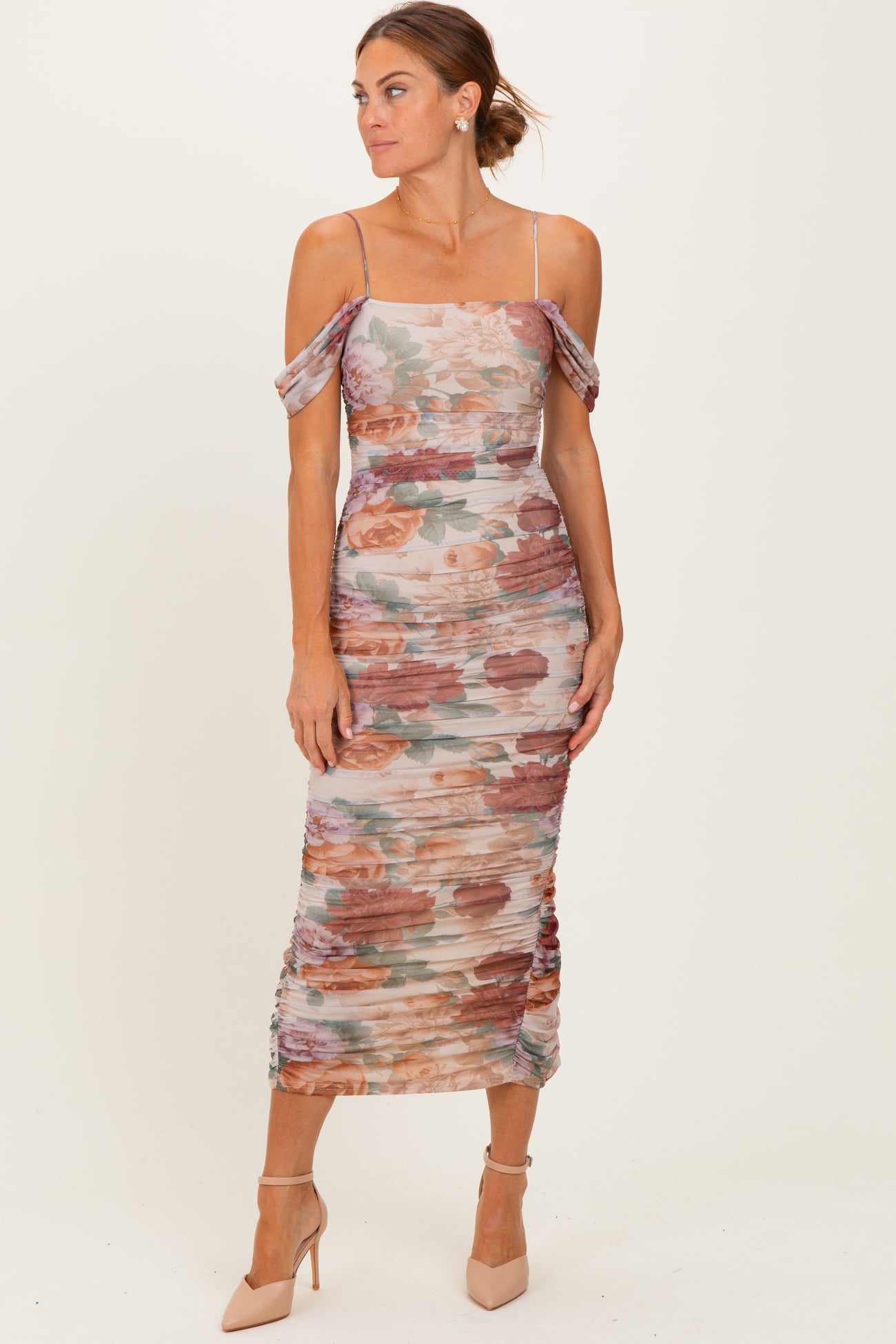 Taupe Floral Ruched Midi Maternity Dress