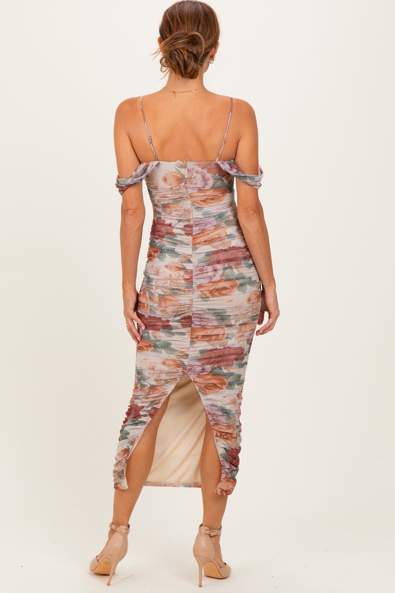 Taupe Floral Ruched Midi Dress