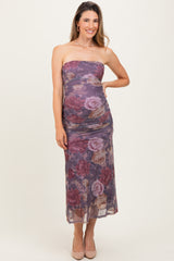 Lavender Floral Strapless Ruched Midi Maternity Dress