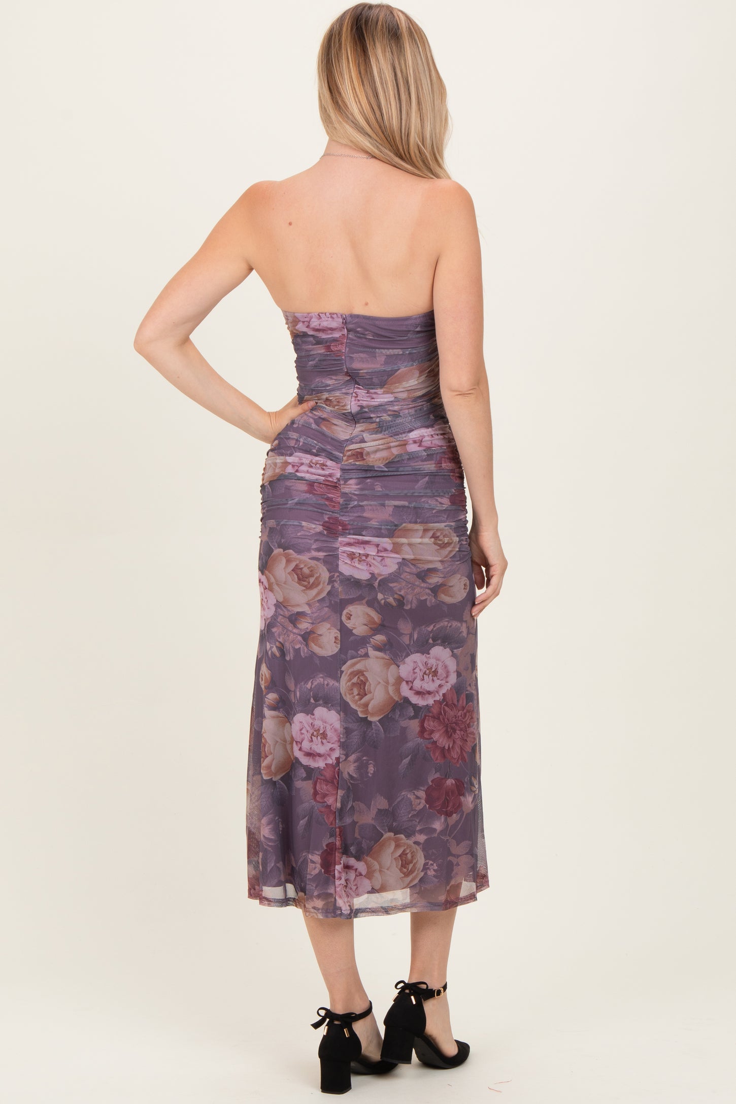 Lavender Floral Strapless Ruched Midi Dress