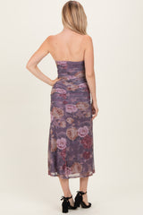 Lavender Floral Strapless Ruched Midi Dress