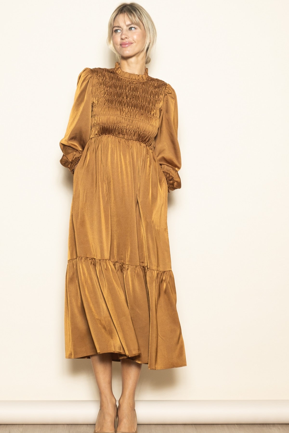 Mocha Mock Neck Satin Smocked Chest Maternity Dress