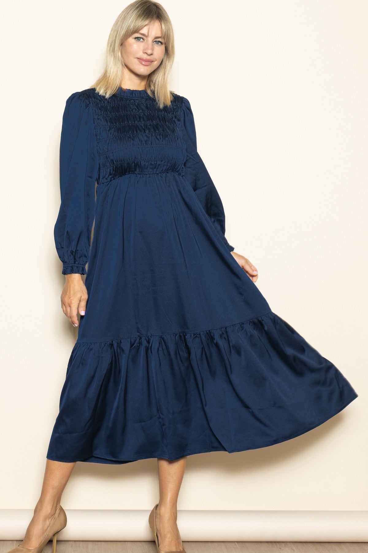 Navy Mock Neck Satin Smocked Chest Maternity Dress