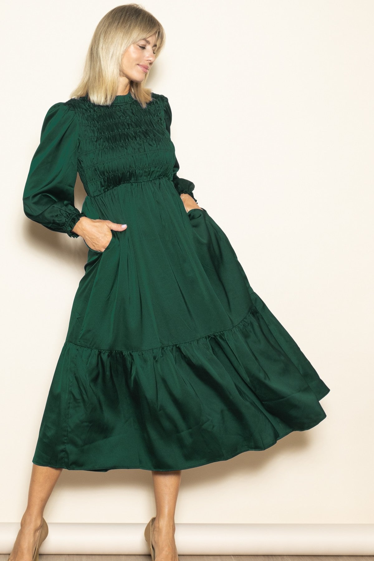 Forest Green Mock Neck Satin Smocked Chest Maternity Dress