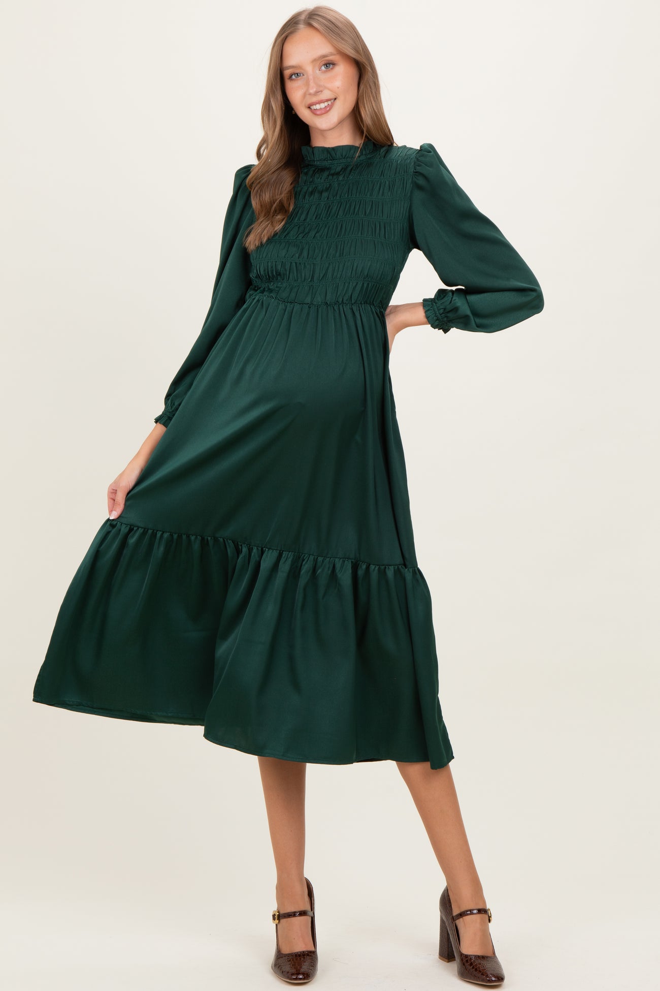 Forest Green Mock Neck Satin Smocked Chest Maternity Dress