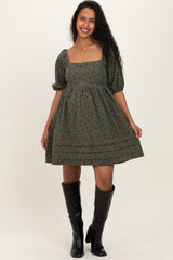 Olive Floral Corduroy Puff Sleeve Babydoll Mini Maternity Dress