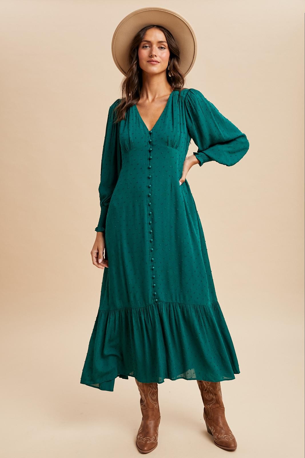Evergreen Swiss Dot Button Down Maternity Maxi Dress