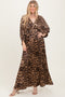 Leopard Pleated V Neck Satin Maxi Dress