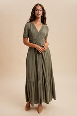 Olive Lace Trim Button Down Maxi Dress