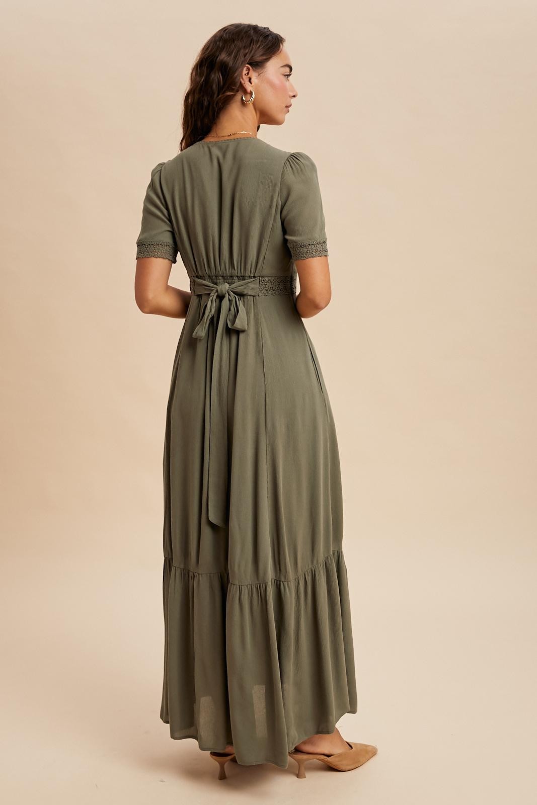 Olive Lace Trim Button Down Maxi Dress