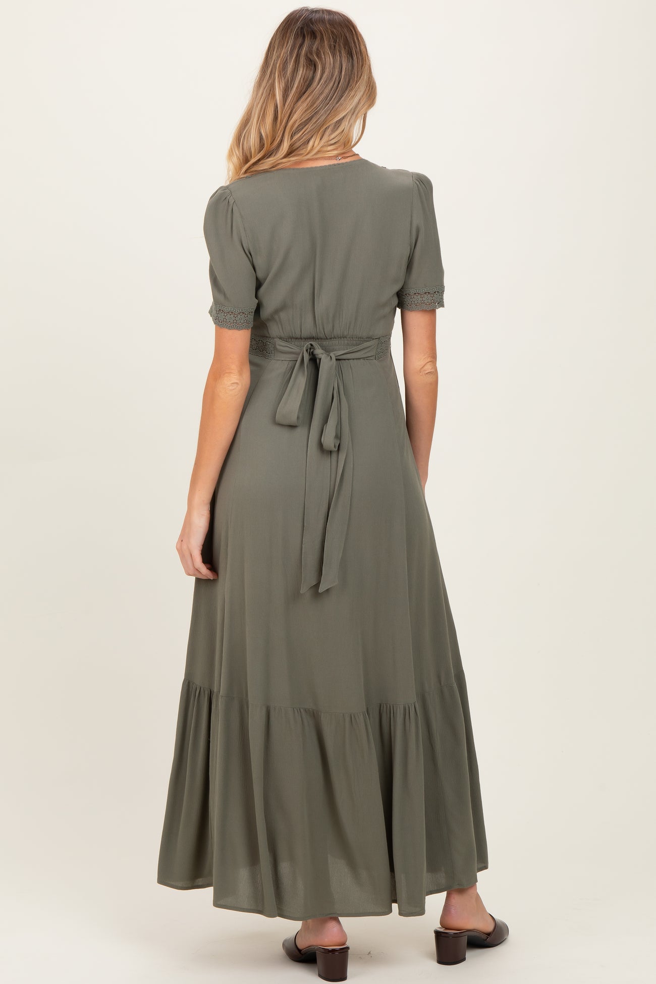 Olive Lace Trim Button Down Maternity Maxi Dress