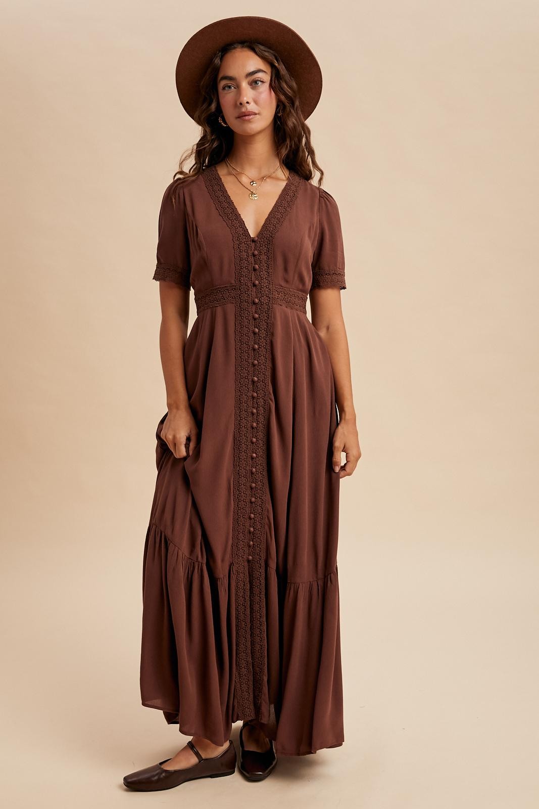 Brown Lace Trim Button Down Maxi Dress