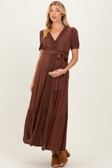 Brown Lace Trim Button Down Maternity Maxi Dress