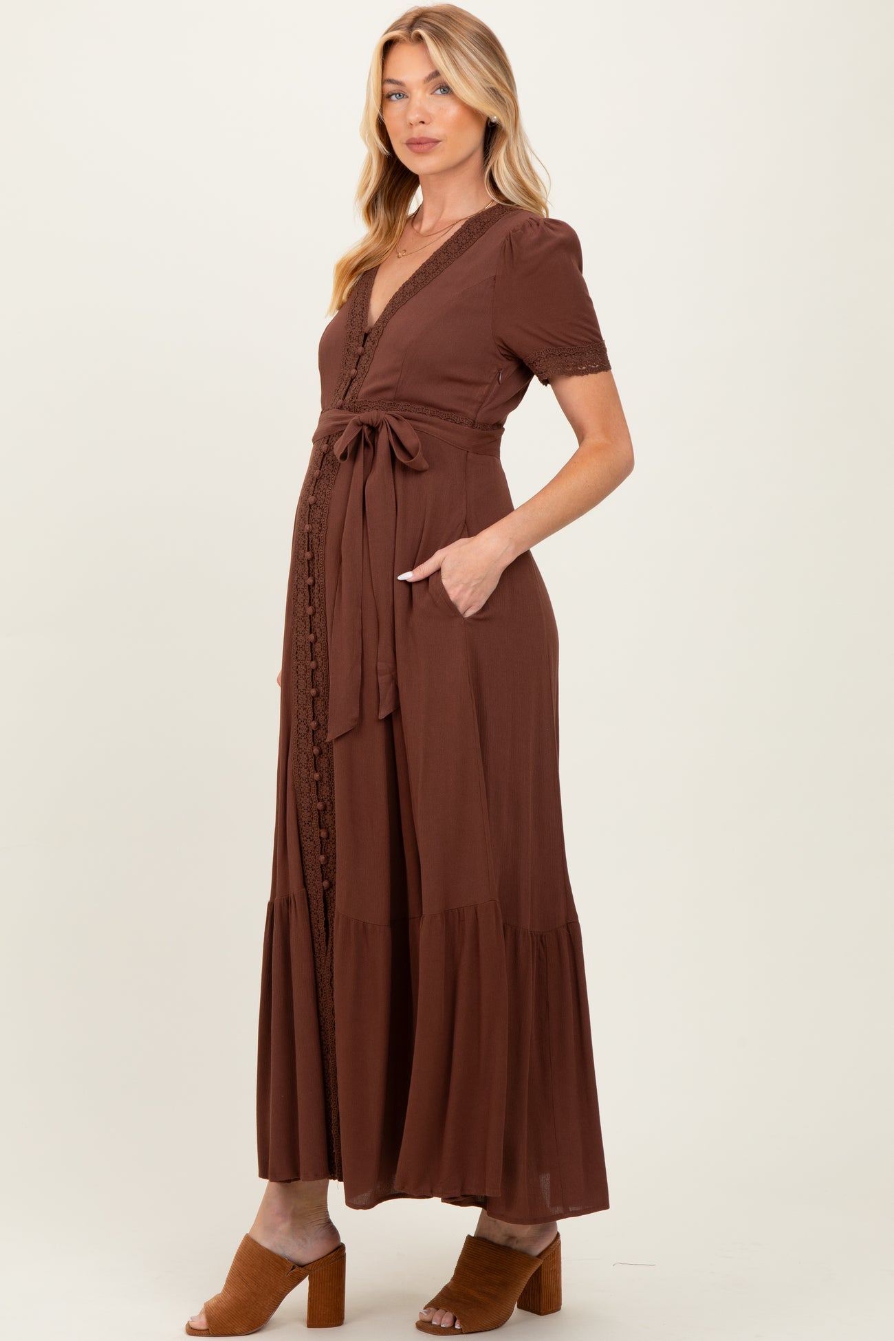 Brown Lace Trim Button Down Maternity Maxi Dress