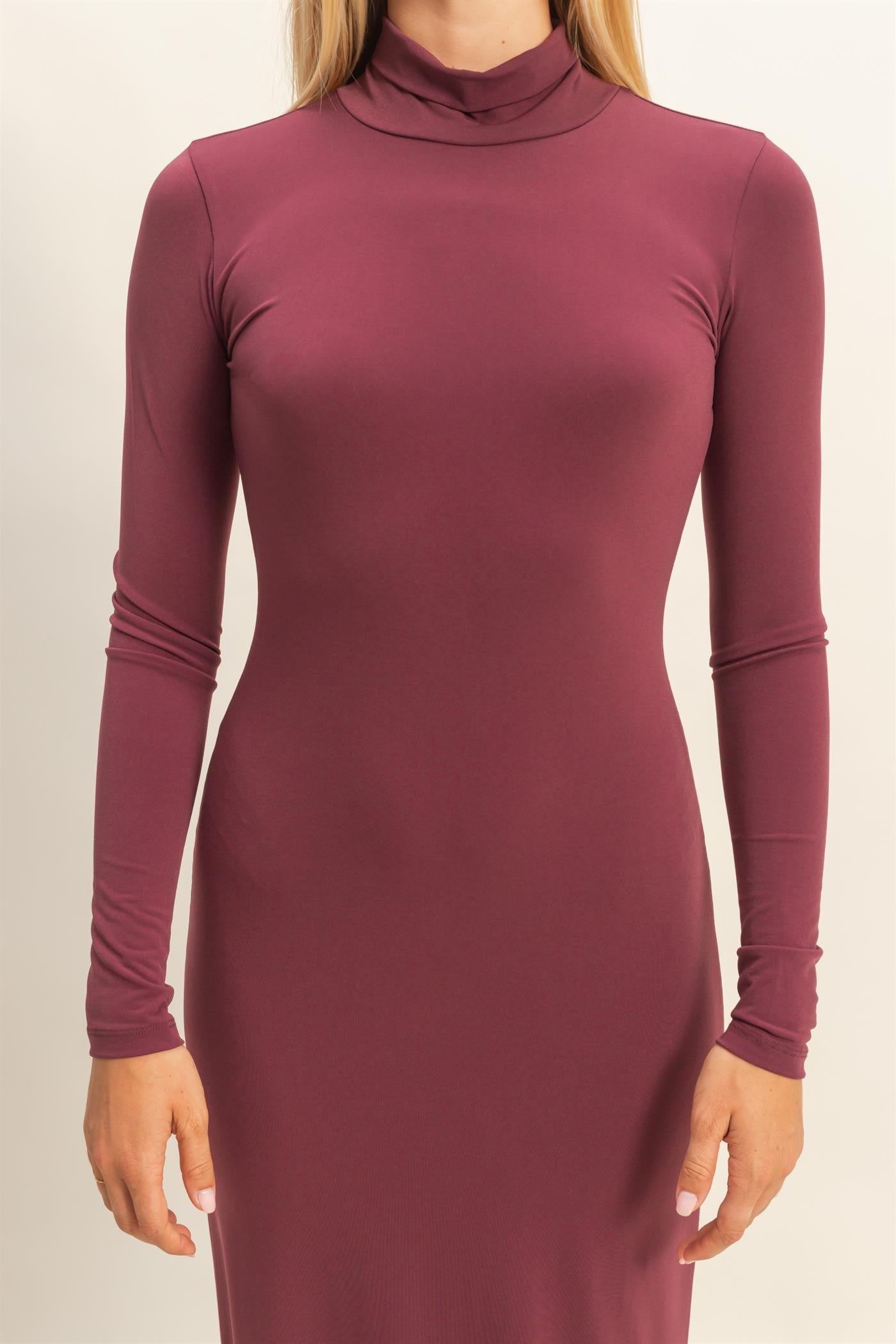 Burgundy Turtleneck Long Sleeve Maxi Dress
