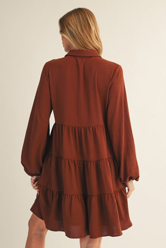 Brown Tiered Back Detail Button Down Dress