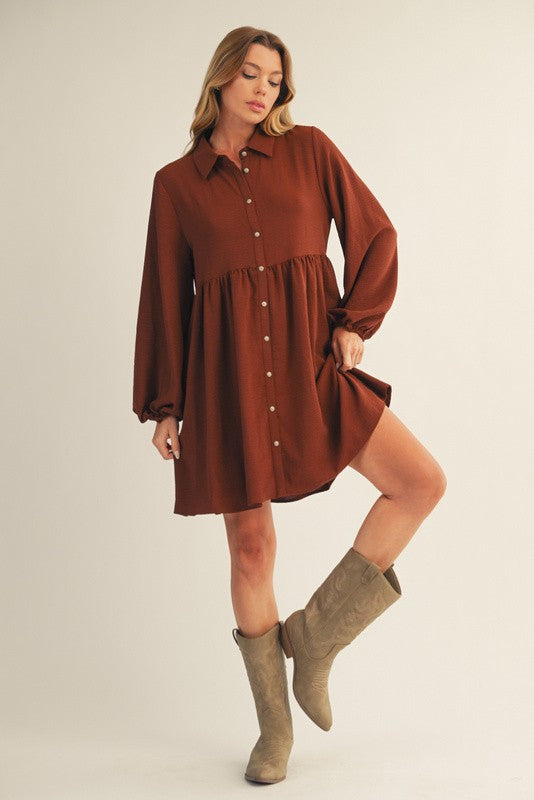 Brown Tiered Back Detail Button Down Dress