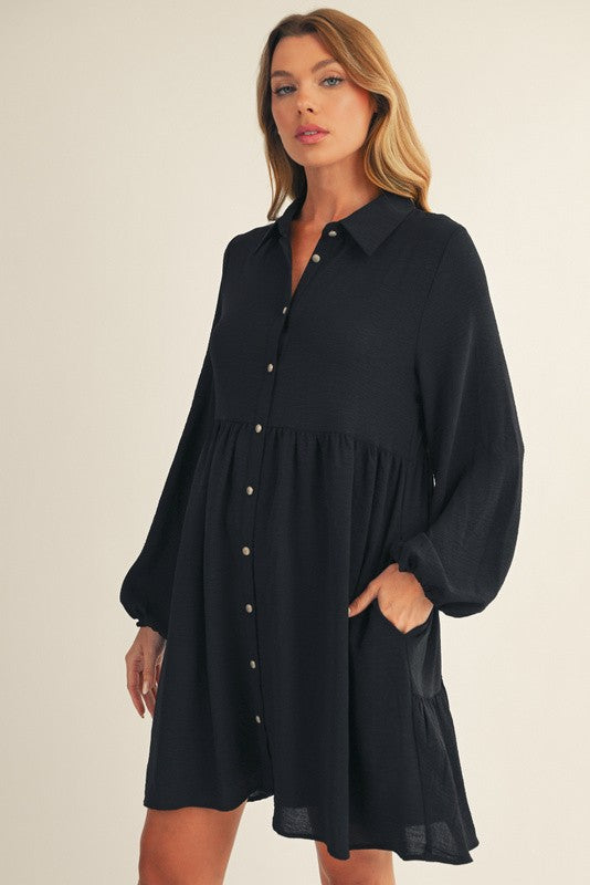 Black Tiered Back Detail Button Down Maternity Dress