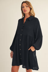Black Tiered Back Detail Button Down Maternity Dress