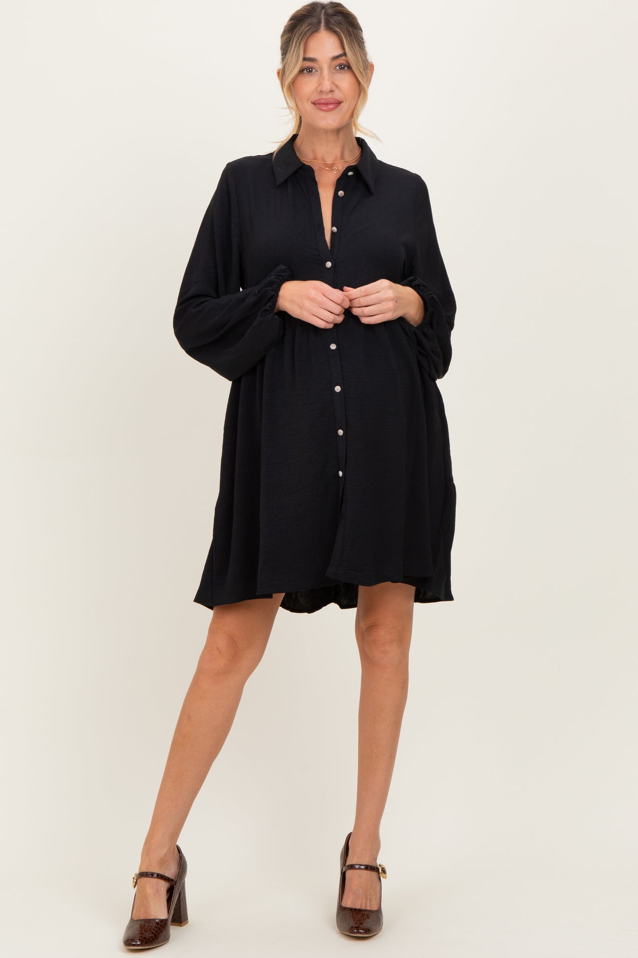 Black Tiered Back Detail Button Down Maternity Dress