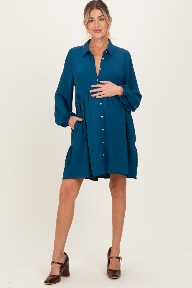 Dark Teal Tiered Back Detail Button Down Maternity Dress