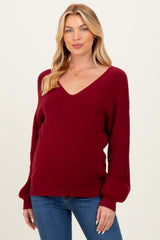 Burgundy V-Neck Drop Shoulder Back Bow Tie Detail Maternity Sweater