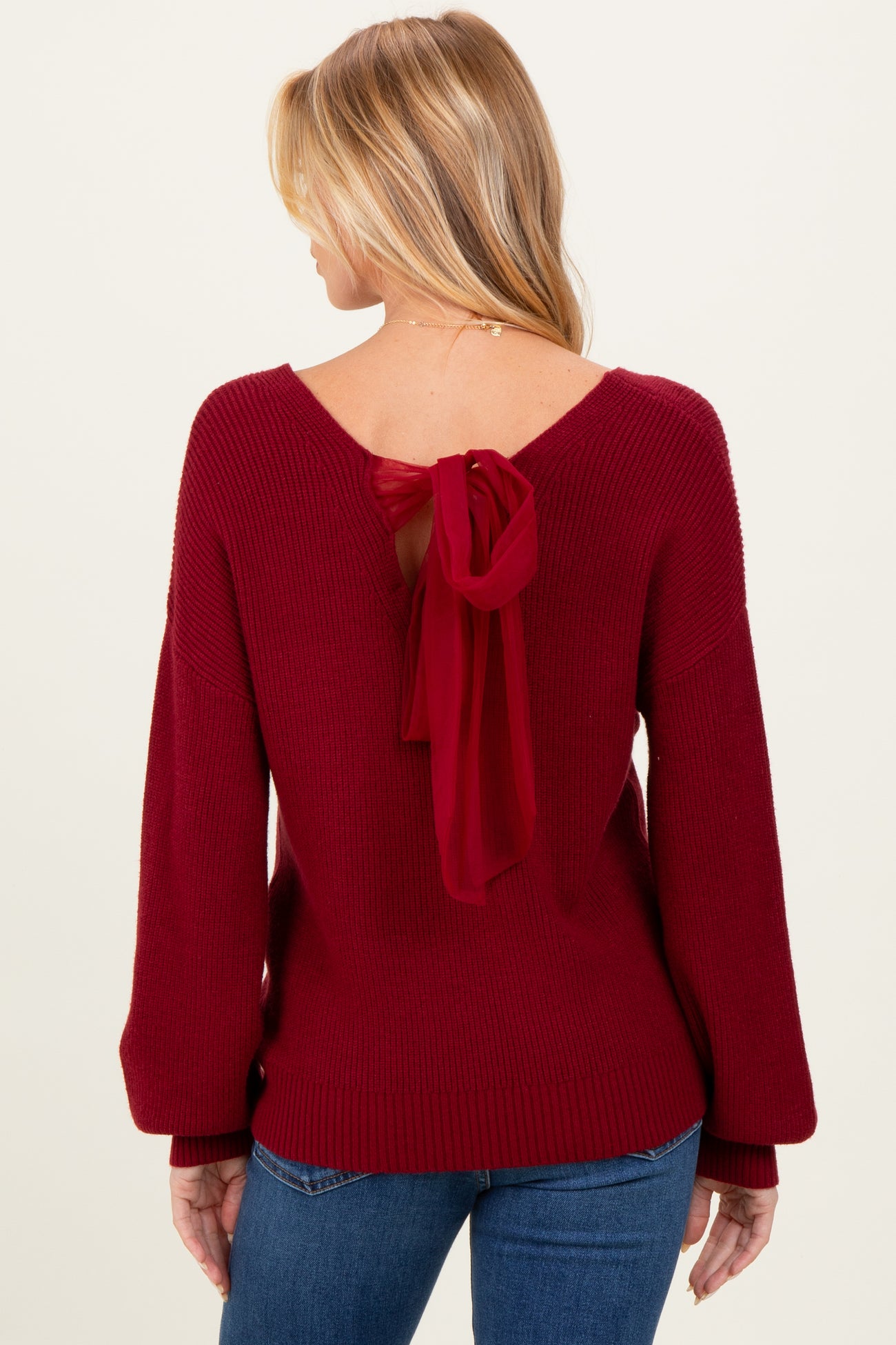 Burgundy V-Neck Drop Shoulder Back Bow Tie Detail Maternity Sweater