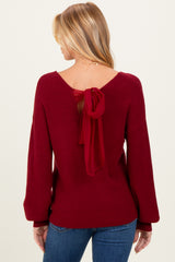 Burgundy V-Neck Drop Shoulder Back Bow Tie Detail Maternity Sweater