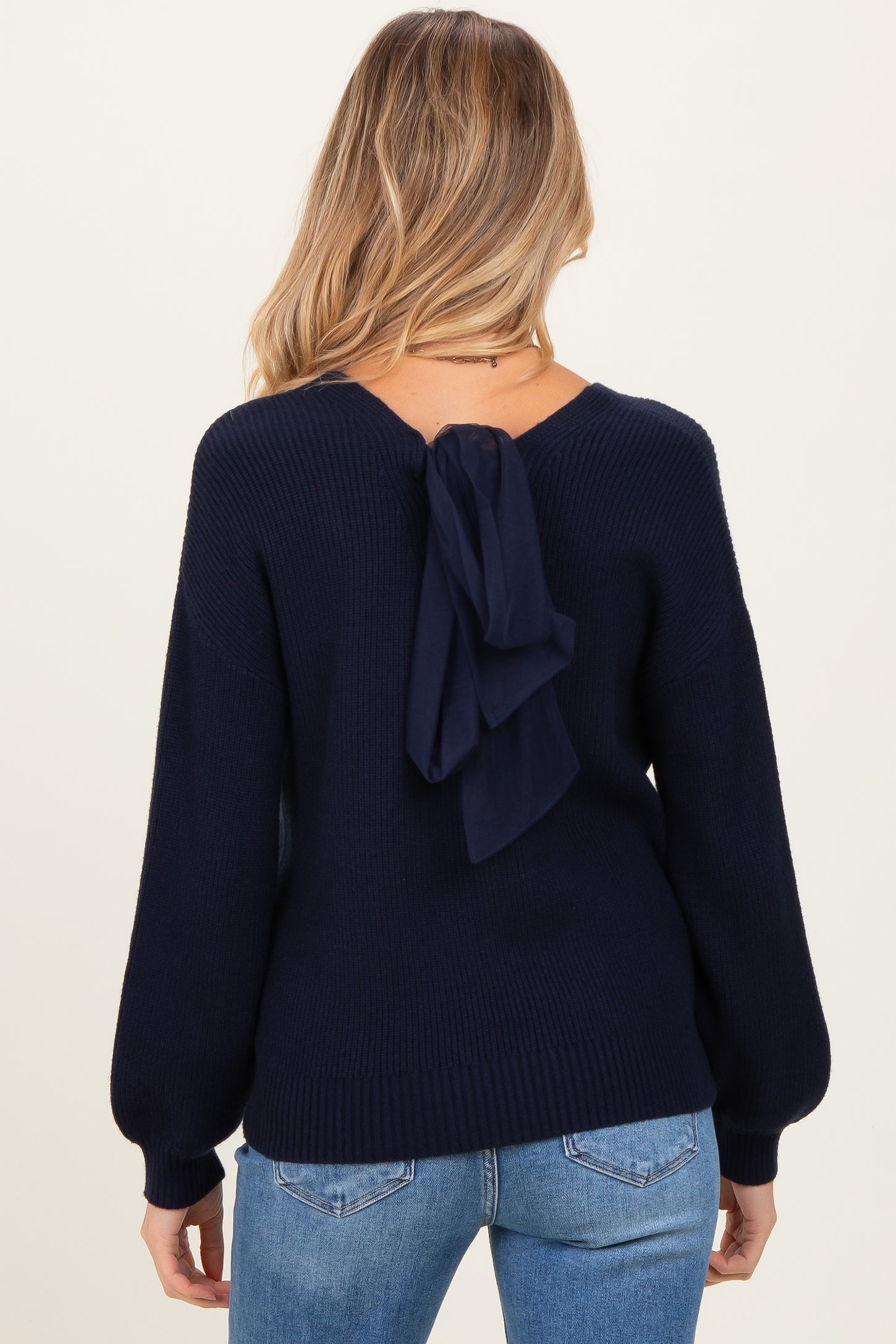 Navy V-Neck Drop Shoulder Back Bow Tie Detail Maternity Sweater