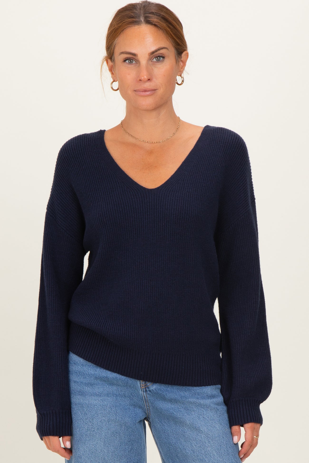 Navy V-Neck Drop Shoulder Back Bow Tie Detail Sweater