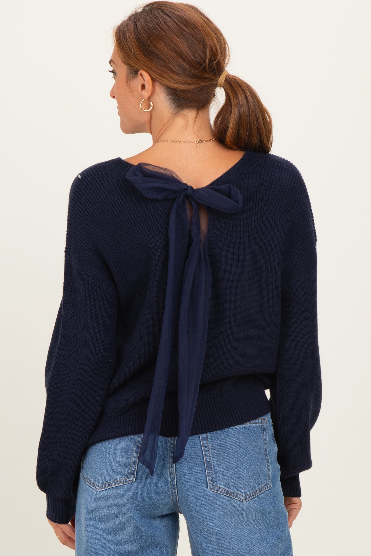 Navy V-Neck Drop Shoulder Back Bow Tie Detail Sweater