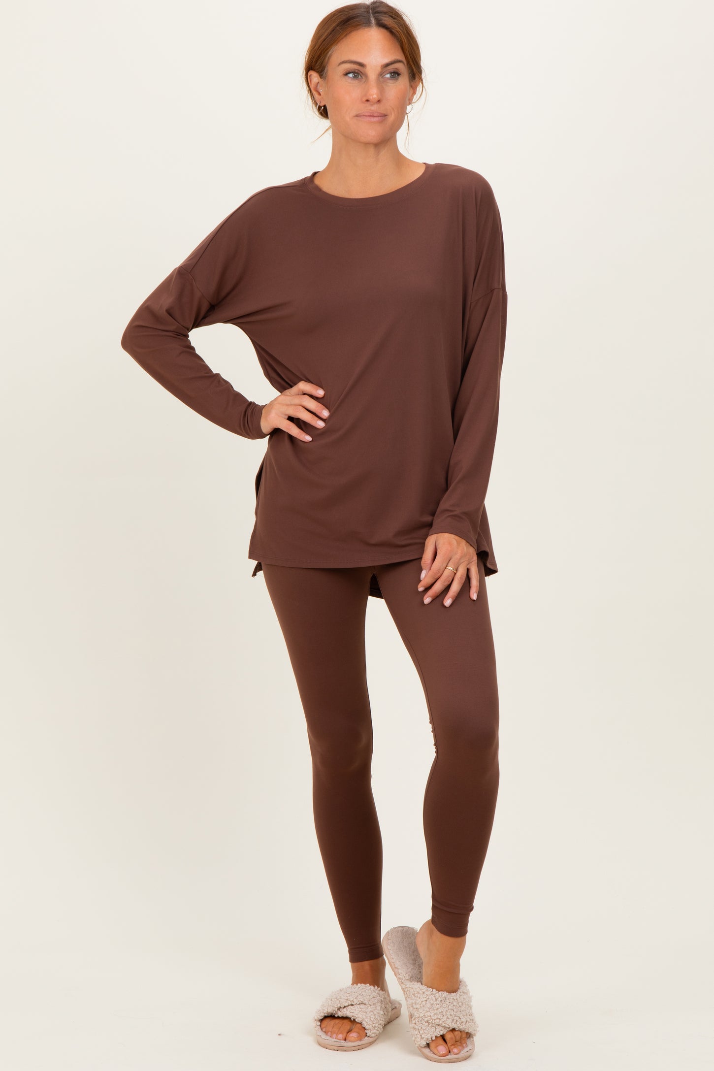 Brown Brushed Knit Maternity Oversized Top and Legging Set
